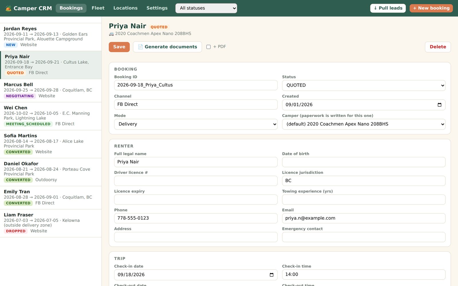 CRM booking card with renter and trip details