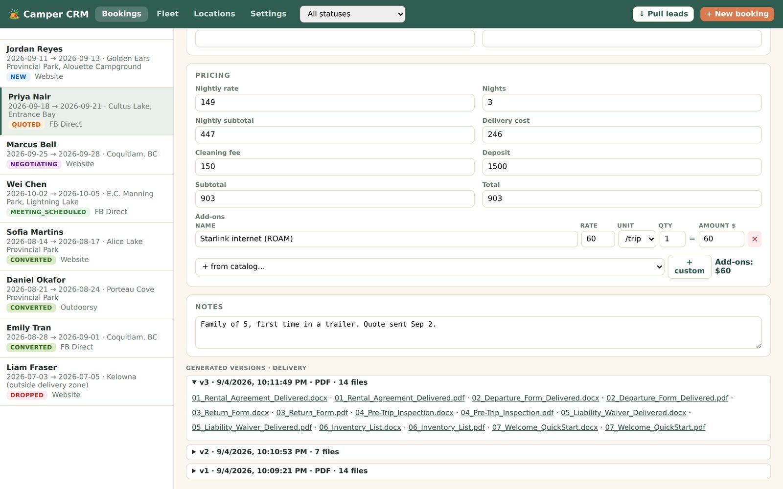 CRM pricing block and generated document versions