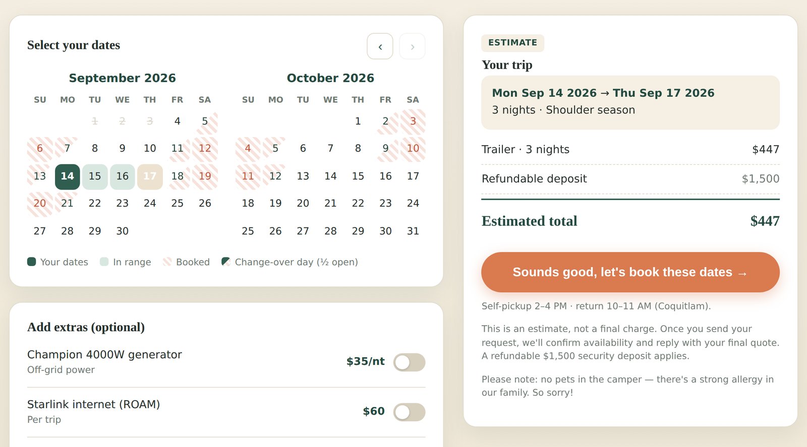 Booking page: calendar with live availability and an instant estimate